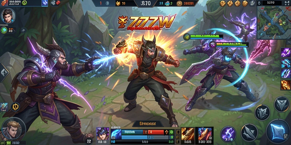 Gameplay seru di arena pertarungan MOBA 7777W.