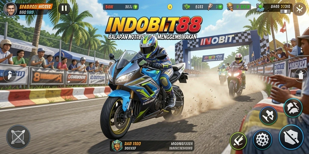 Screenshot gameplay INDOBIT88 menampilkan aksi balapan motor yang seru.
