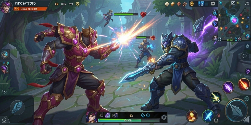 Screenshot gameplay <strong>INDOSATTOTO</strong> menampilkan pertarungan seru antar karakter MOBA.