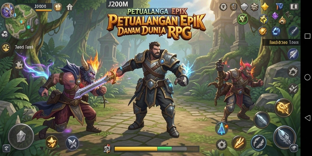 Screenshot J200M menampilkan karakter beraksi dalam pertarungan epik RPG.