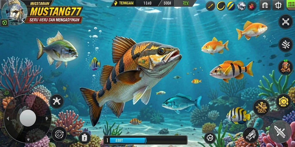 Tampilkan gameplay seru dalam game Tembak Ikan MUSTANG77.