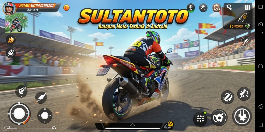 Screenshot SULTANTOTO menampilkan serunya balapan motor di sirkuit.