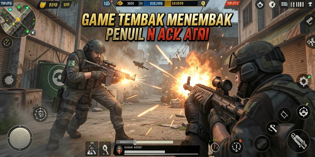 Tampilan gameplay seru dalam TOPJITU dengan aksi tembak menembak yang mendebarkan.