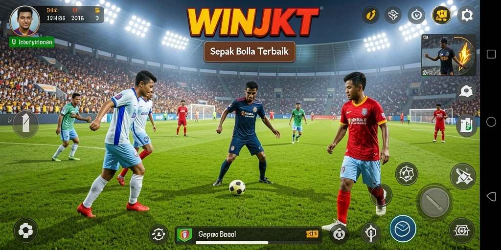 Gameplay seru dari WINJKT yang menggambarkan aksi sepak bola di lapangan.